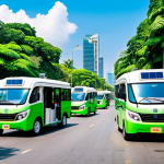 **A vibrant, futuristic cityscape of Bangkok, Thailand, powered by green energy. Solar panels are visible on rooftops, and hydrogen-powered public transportation (tuk-tuks and buses) are seamlessly integrated. The sky is clear and blue, reflecting a clean and sustainable environment. A family is happily strolling through a green park, symbolizing a better future.**