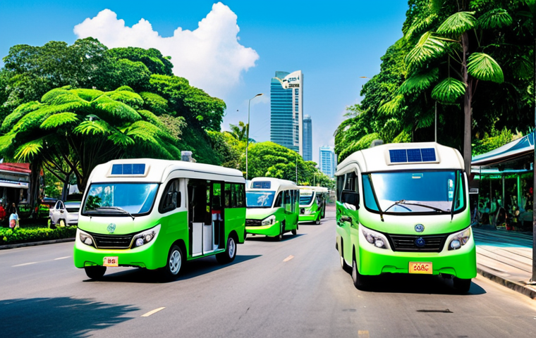**A vibrant, futuristic cityscape of Bangkok, Thailand, powered by green energy. Solar panels are visible on rooftops, and hydrogen-powered public transportation (tuk-tuks and buses) are seamlessly integrated. The sky is clear and blue, reflecting a clean and sustainable environment. A family is happily strolling through a green park, symbolizing a better future.**
