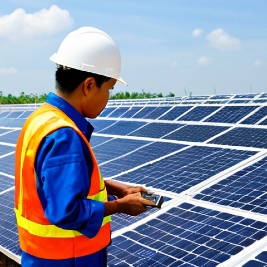 Solar Farm Technician**

"A Thai technician in a fully clothed, professional uniform inspecting solar panels at a large solar farm in rural Thailand. The setting is bright and sunny. Emphasize advanced technology and environmental sustainability. Safe for work, appropriate content, perfect anatomy, correct proportions, natural pose, well-formed hands, proper finger count, natural body proportions, professional photography, high quality, modest."

**
