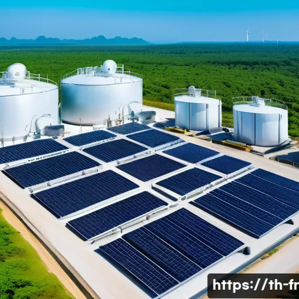 그린 수소 기술의 표준화 필요성 - A detailed futuristic green hydrogen production facility in Thailand, showcasing advanced electrolys...
