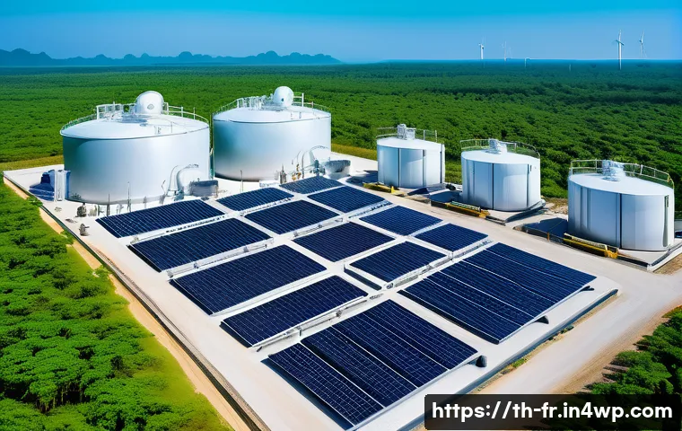 그린 수소 기술의 표준화 필요성 - A detailed futuristic green hydrogen production facility in Thailand, showcasing advanced electrolys...