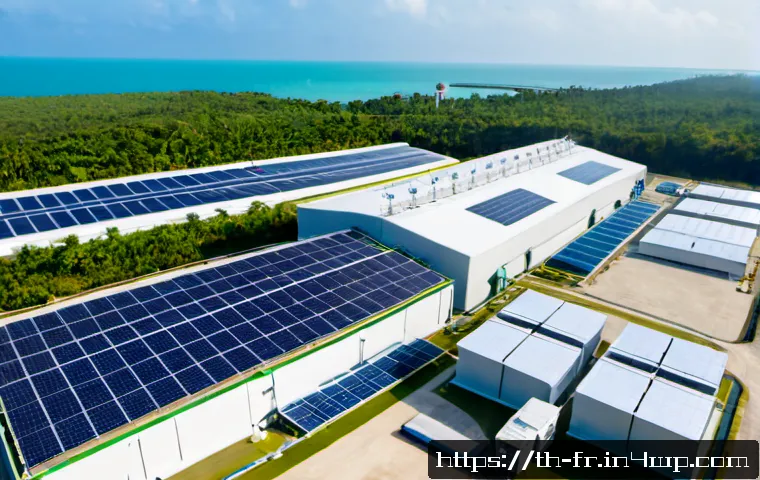 Home 29 그린 수소 경제의 시장 변화 예측 - Photorealistic wide-angle view of a modern green hydrogen production facility in coastal Thailand, s...