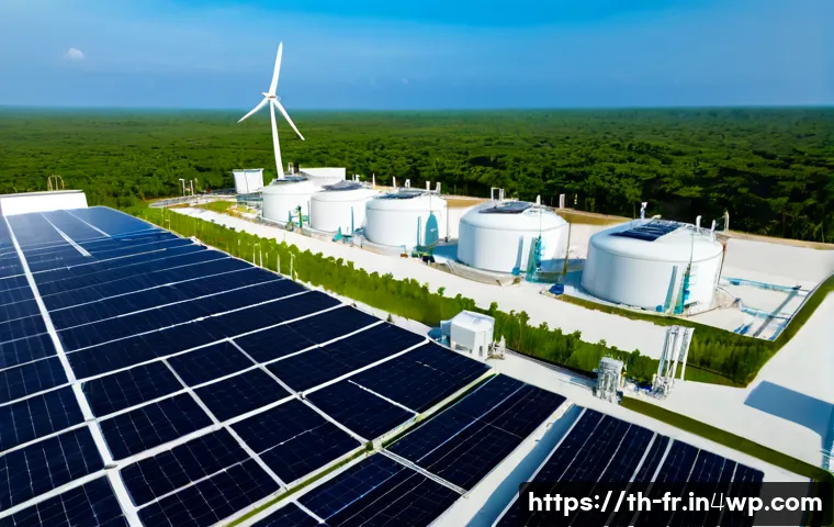 그린 수소와 국제 에너지 기구의 역할 - Photorealistic wide-angle view of a modern green hydrogen production facility in coastal Thailand, s...